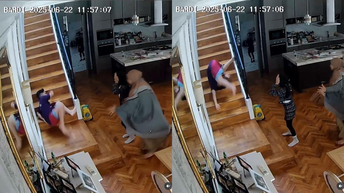 JATUH DARI TANGGA - Dalam rekaman CCTV yang ia bagikan, terlihat Adam tengah menuruni tangga sebelum akhirnya terpeleset dan terguling.