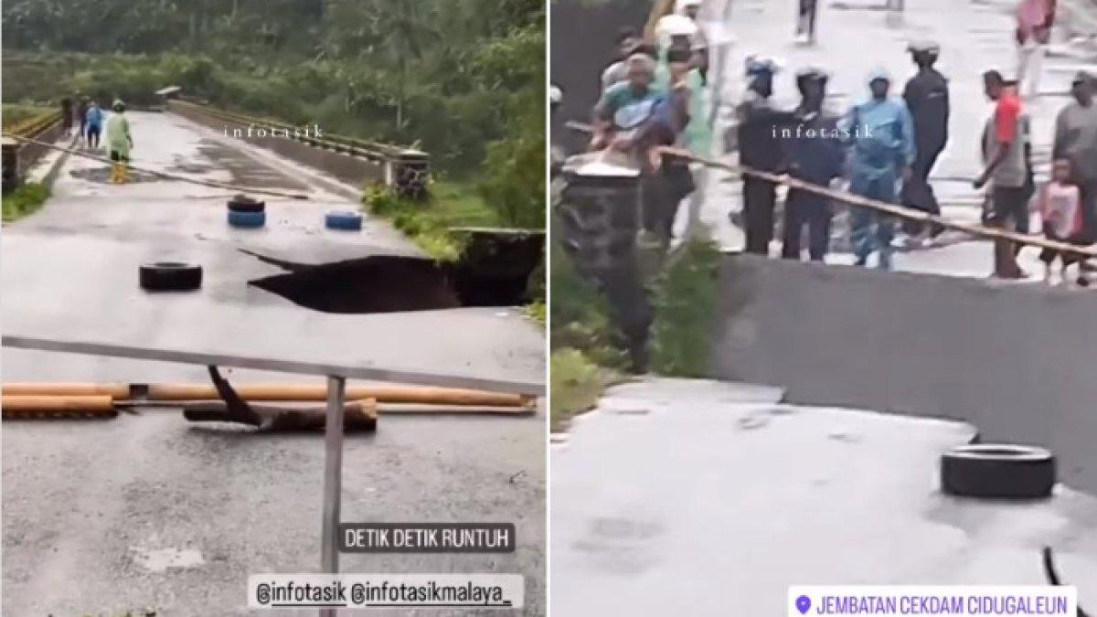 'AWAS-AWAS' Video Detik-detik Jembatan di Tasikmalaya Putus, Warga Berlarian Mundur, Jalan Amblas
