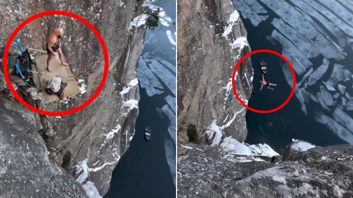 DETIK-DETIK Pria Terjun dari Tebing Setinggi 40,5 Meter ke Air Sedingin Es, Pecahkan Rekor Dunia!