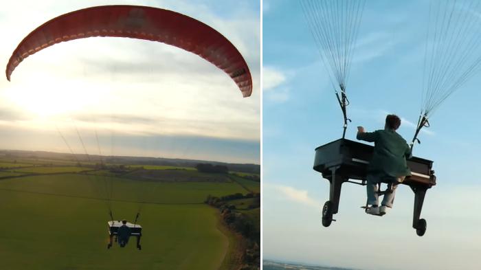 DETIK-DETIK Pria Main Piano Sambil Terbang dengan Parasut, Penampilan dan Pendaratan Bikin Kagum!