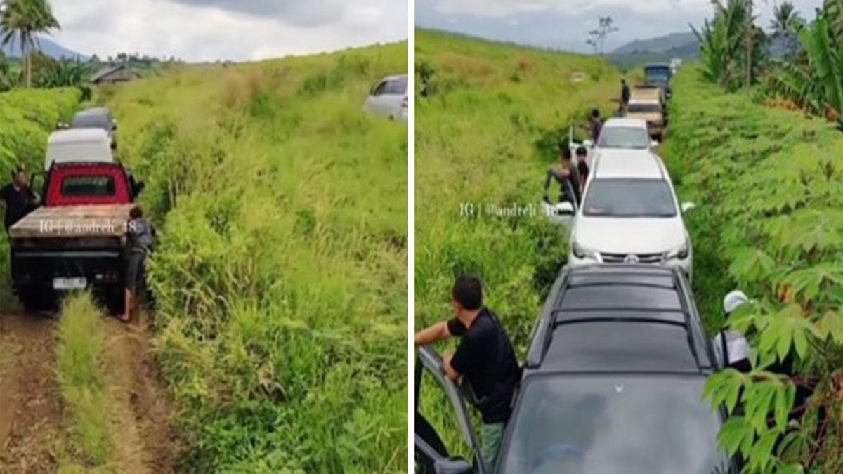 NIAT Hati Hindari Macet, Puluhan Mobil Malah Terjebak di Tengah Kebun Singkong : Selip dan Licin