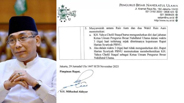 PBNU - Kolase KH Yahya Cholil Staquf dan hasil rapat syuriah PBNU ditanda tangani KH Miftachul Akhyar