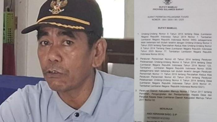 KORUPSI DANA DESA - Kolase gambar Kades Tanambuah Mamuju Muh Nasrullah dan surat Bupati Mamuju tentang pemberhentian sementara dan pengangkatan Pj Kades Tanambuah.