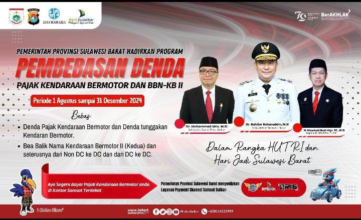 Pj Gubernur Bahtiar Berlakukan Pembebasan Denda Pajak Kendaraan di Sulbar Hingga 31 Desember 2024