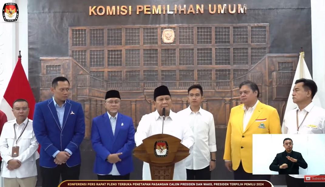 KPU Tetapkan Presiden dan Wapres Terpilih, Prabowo: Pertandingan Selesai Tinggalkan Itu Sakit Hati