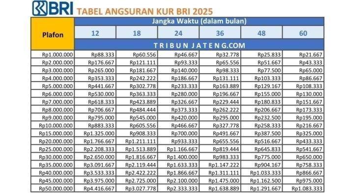 Tabel Angsuran KUR BRI 2025 Terbaru, Plafon Rp 1 Juta - Rp 50 Juta, Cek Jenis KUR yang Bisa Diajukan