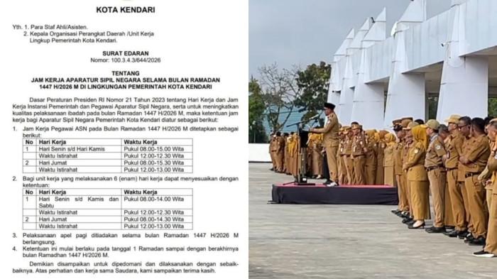 ASN DI KENDARI - Kolase foto Surat Edaran (SE) Pemerintah Kota (Pemkot) Kendari tentang penyesuaian jam kerja ASN selama Ramadan 2026 (kiri) dan pegawai Pemkot Kendari saat melaksanakan apel pagi pada 4 Februari  2026 lalu (kanan). Ketentuan ini dikeluarkan atas dasar Peraturan Presiden RI Nomor 21 Tahun 2023 tentang Hari Kerja dan Jam Kerja Instansi Pemerintah dan Pegawai ASN, serta penyesuaian jam kerja ini juga untuk meningkatkan kualitas pelaksanaan ibadah puasa tahun 1447 Hijriah. (TribunnewsSultra.com/Apriliana Suriyanti)