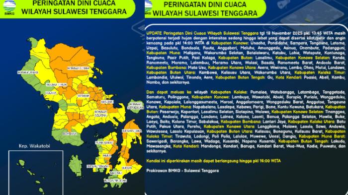 Peringatan Dini Cuaca Sulawesi Tenggara 18 November 2025, Konawe, Muna, Buton, Bombana, Kendari