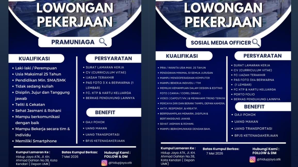 Kualifikasi Loker Pramuniaga dan Sosmed Officer Toko ATK Kendari, Batas Kumpul Berkas 7 Mei 2026