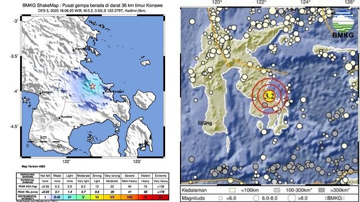 Konawe Sulawesi Tenggara Diguncang Gempa Bumi 3.2 SR, Getaran Dirasakan di Morosi hingga Ranomeeto