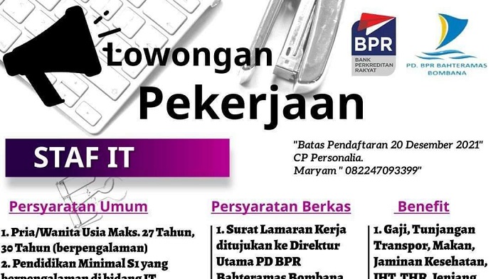 Lowongan Kerja BPR Bahteramas Bombana Buka Rekrutmen Staf IT, Simak Ini Persyaratan Pelamar