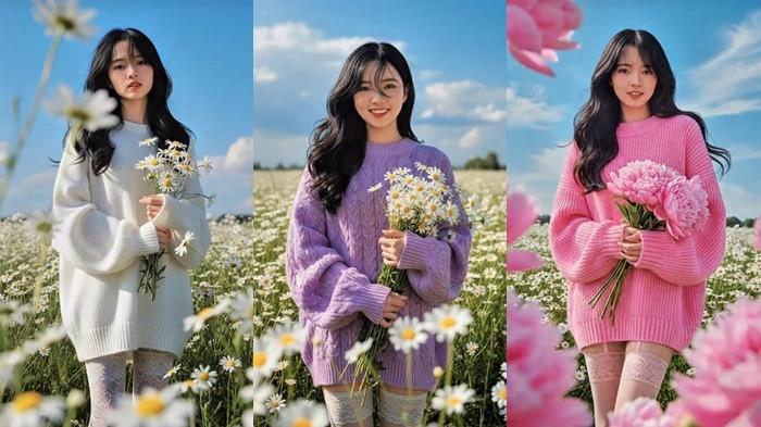 Contoh Teks Prompt Gemini AI Foto di Taman Bunga Memegang Hand Buket, Hasil Terlihat Nyata
