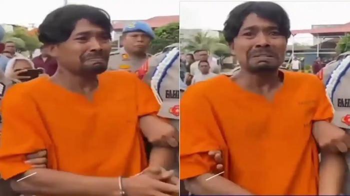 PELAKU PENEMBAKAN - AG (35), tersangka kasus pembunuhan Muhammad Nasir, pedagang bakso di Desa Alue Liem, Kota Lhokseumawe. Pelaku menangis mengaku disuruh tembak korban karena sakit hati soal utang.