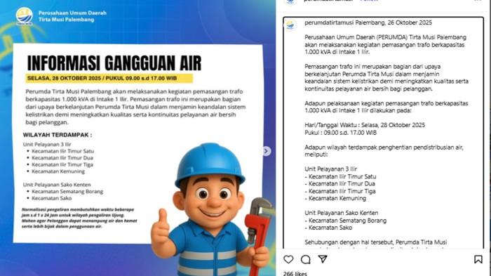 INFO Gangguan Air PDAM Tirta Musi, Selasa 28 Oktober 2025 Mulai Pukul 9 Pagi, Ini Wilayah Terdampak