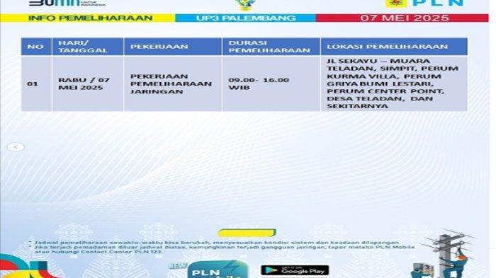 Info Pemadaman Listrik Kabupaten Musi Banyuasin Rabu 7 Mei 2025, Ini Wilayah Terdampak