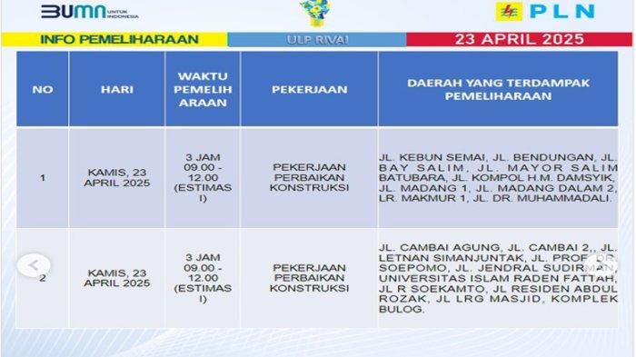 Info Pemadaman Listrik Kota Palembang 24 April 2025, Ini Daftar Wilayah Terdampak