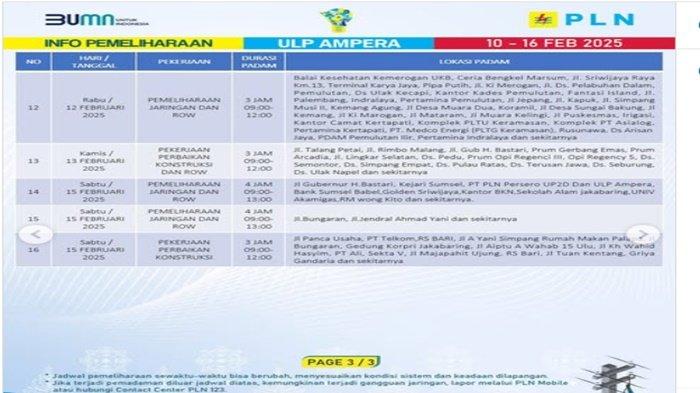 Info Pemadaman Listrik Kota Palembang Rabu 12 Februari 2025, Ini Daftar Wilayah Terdampak