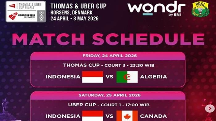 Jadwal TV Live Thomas Cup 2026 Indonesia vs Algeria, Bisa di Tonton Melalui Platform Streaming Vidio