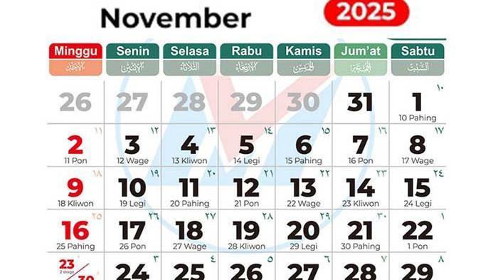 Kalender November 2025, Ada Penanggalan Weton Jawa dan Hijriyah, Tanggal 1 November Hari Apa?