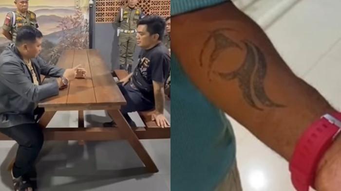 BANTAH PEMERASAN -- Kasat Pol PP Herison Muis (kiri) saat menemui tukang tato di BKB Palembang (kanan) yang viral karena disebut memeras peserta Pornas Korpri asal Papua Barat. Tukang tato tersebut membantah disebut melakukan pemerasan.