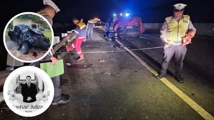 OLAH TKP - Personel Satlantas Polres Ogan Ilir melakukan olah TKP kecelakaan di jalur B KM 34+500 Tol Indralaya-Prabumulih, Sabtu (20/12/2025) dinihari. Dua orang meninggal dunia dalam kecelakaan tersebut.