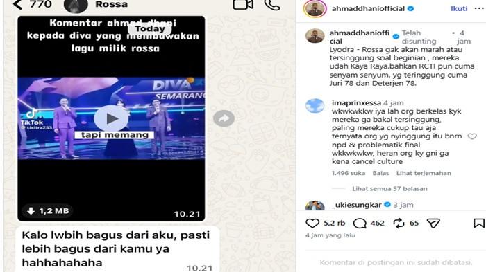 Tangkap layar  sebuah pesan bernada sentilan namun santai dari Rossa terkait koment