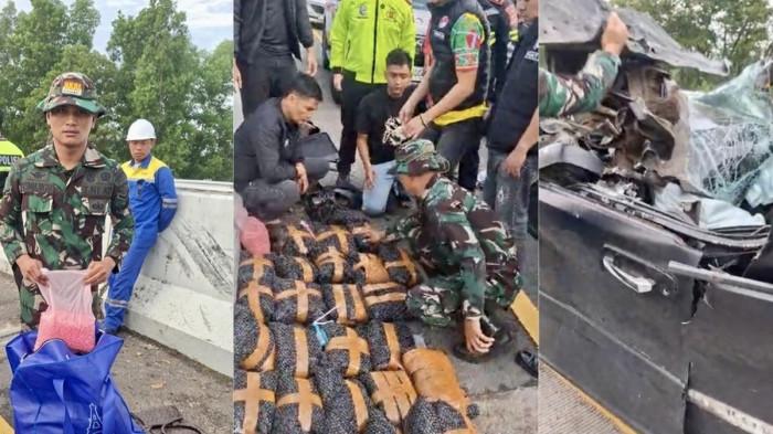 MOBIL PEMBAWA EKSTASI KECELAKAANA- Tentara Nasional Indonesia (TNI) menemukan puluhan ribu ekstasi di dalam mobil Nissan X-Trail yang mengalami kecelakaan di KM 136 B ruas Tol Bakauheni–Terbanggi Besar (Bakter) Lampung, pada Kamis (20/11/2025) pukul 05.35 WIB