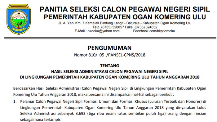 Pengumuman Hasil Seleksi Adminitrasi CPNS 2018 Kab Ogan Komering Ulu (OKU), Download di Sini