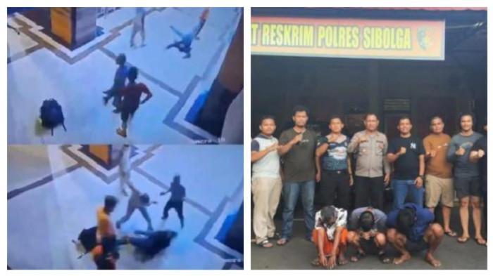 PENGEROYOKAN DI MASJID - (kanan) tiga pelaku pengeroyokan terhadap Arjuna Tamaraya (21) di area Masjid Agung Sibolga, Sumatra Utara, Jumat, (31/10/2025) dan (kiri) aksi pengeroyokan oleh pelaku.