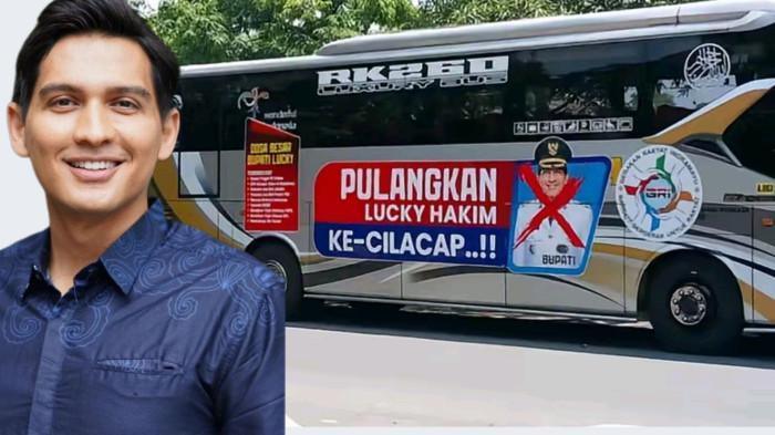 BUS PEMULANGAN LUCKY HAKIM - Heboh kemunculan bus untuk memulangkan Lucky Hakim Bupati Indramayu ke kampung halamannya di Cilacap.