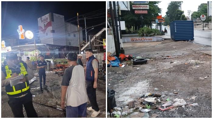 LAKA LANTAS -- Kolase (kiri) polisi sedang di TKP kecelakaan Jalan Demang Lebar Daun Palembang, Jumat (13/3/2026) malam dan (kanan) kondisi TKP yang masih nampak kontainer yang terlepas dari badan truk, Sabtu (14/3/2026).