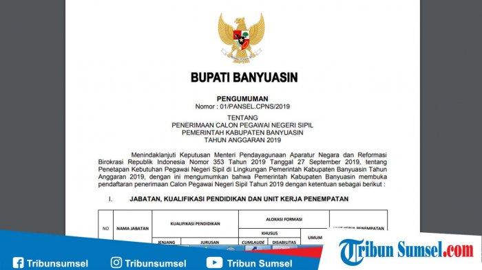 Rincian Formasi CPNS 2019 Banyuasin, Dokumen Surat Lamaran & Pernyataan, Download Link PDF di Sini