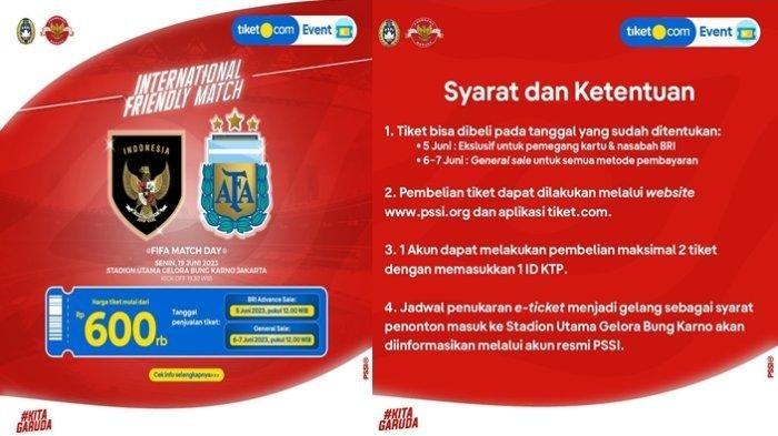 Tiket Indonesia vs Argentina Untuk Nasabah BRI Habis Terjual, Untuk Umum Dijual 6-7 Juni 2023