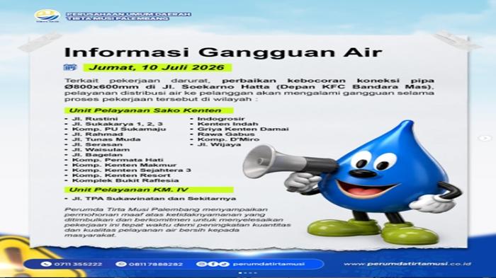 Daftar Wilayah Terdampak Gangguan Pengaliran PDAM Tirta Musi Palembang Hari Ini Jumat 10 Juli 2026 - Tribunsumsel.com