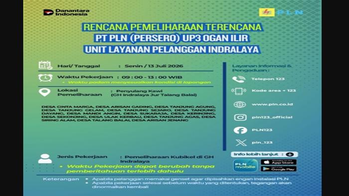 Pemeliharaan Jaringan Listrik Kabupaten Ogan Ilir Senin 13 Juli 2026, Ini Daftar Wilayah Terdampak - Tribunsumsel.com