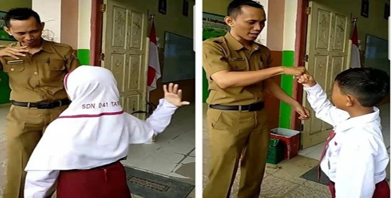 Guru SD 041 Tarakan Mendadak Viral Usai Ciptakan Gaya Unik Bersalaman dengan Siswanya