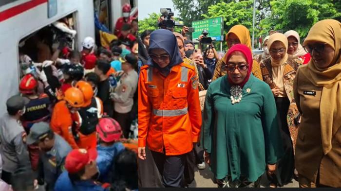 USUL - Menteri PPPA Arifah Fauzi saat menjenguk korban kecelakaan KA Argo Bromo Anggrek dan KRL di RSUD Kota Bekasi. Arifah mengusulkan agar gerbong khusus perempuan di letakkan di tengah.