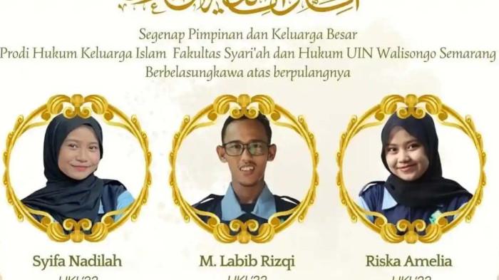 HANYUT - Tiga mahasiswa UIN Walisongo yang tewas usai hanyut di Sungai Genting, Kendal, Jawa Tengah, Selasa (4/11/2025).