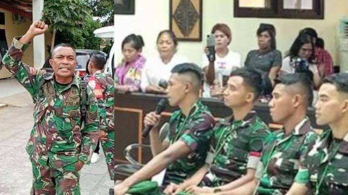 (kiri ke kanan) Sersan Mayor (Serma) Christian Namo, menengadahkan tangan kanannya sambil berteriak di belakang mobil ambulans yang memuat jenazah putranya, Prada Lucky Chepril Saputra Namo (23)
Para tersangka hadir dalam sidang kasus kematian Prada Lucky, di Pengadilan Militer III-15 Kupang.