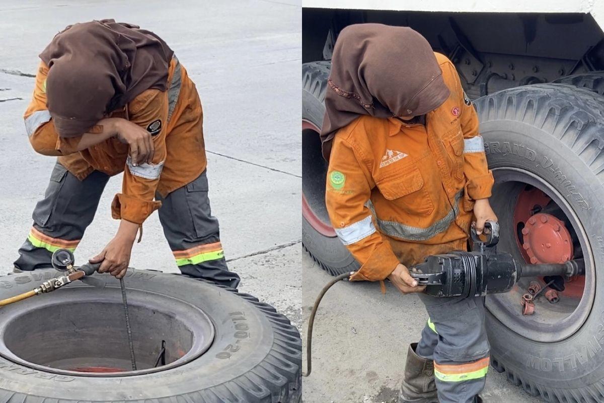 Kisah Siti Aisyah Kerja Spesialis Tambal Ban Truk Besar di Kalianak Surabaya, Demi Senyum 5 Anaknya