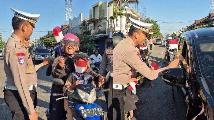 Jelang HUT Kemerdekaan RI, Satlantas Polres Ponorogo Bagi-bagi 1.945 Bendera Merah Putih