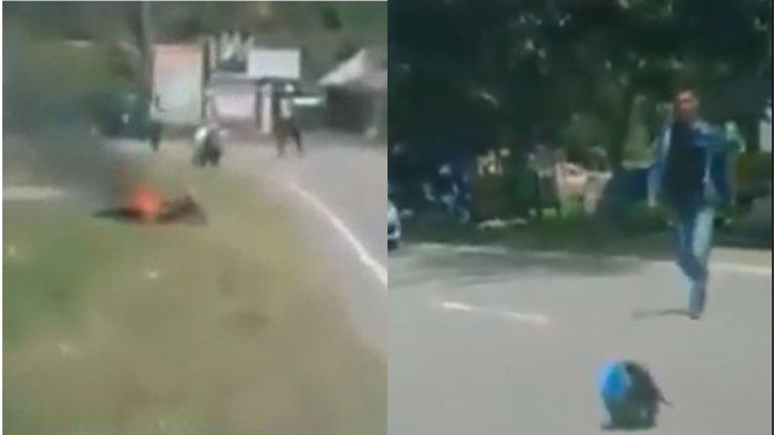 Lebih Parah Dari Banting Motor, Kini Viral di Whatsapp & FB Pria Diduga Bakar Motornya Usai Ditilang