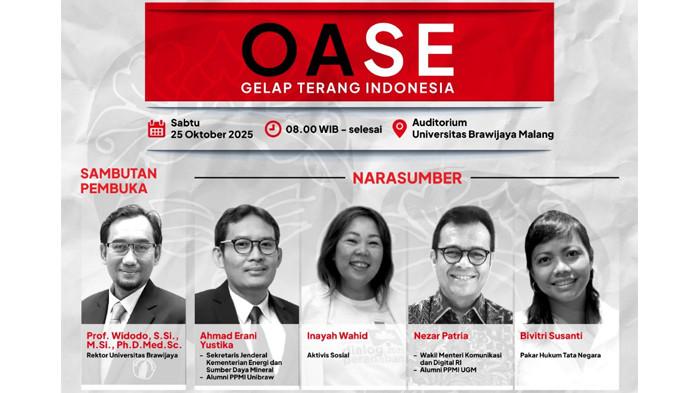 POSTER : Poster seminar nasional bertajuk “Oase Gelap Terang Indonesia” di Auditorium Universitas Brawijaya, Malang, Sabtu (25/10/2025).