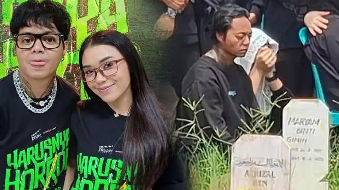LULA LAHFAH MENINGGAL - Musisi Reza Arap (KANAN) terduduk lesu saat proses pemakaman Lula Lahfah di TPU Rawa Terate, di kawasan Cakung Jakarta Timur Sabtu (24/1/2026). Reza Arap dan Lula Lahfah (KIRI) saat ditemui di konferensi pers film Harusnya Horor di Jakarta Barat, Senin (4/8/2025). Kini isak tangis pecah di TPU Rawa Terate, Cakung, saat jenazah selebgram Lula Lahfah perlahan diturunkan ke liang lahat pada Sabtu siang (24/1/2026).
