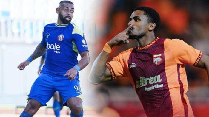 DUEL AREMA FC - Striker Arema FC, Dalberto (KIRI) bertanding di Stadion Kanjuruhan, Malang. Pemain Borneo FC (KANAN) melakukan selebrasi. Duel sengit pekan ke-10 Super League 2025/2026 antara Arema FC Vs Borneo FC akan tersaji  pada Minggu (26/10/2025) di Stadion Kanjuruhan, Kabupaten Malang, cek prediksi skor.