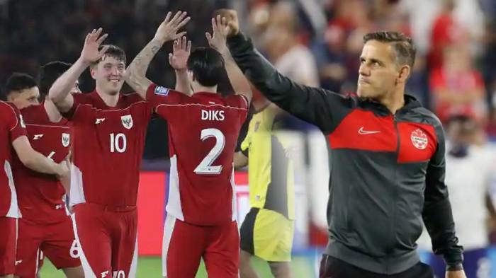 KANDIDAT PELATIH TIMNAS - Pelatih sepak bola, John Herdman (KANAN) yang punya modal lima tahun menukangi Timnas Kanada, termasuk membawa mereka lolos ke Piala Dunia 2022, dalam dokumenasi Instagram @canadasoccer. Para pemain Timnas Indonesia (KIRI) berselebrasi usai laga Timnas Indonesia melawan Bahrain dalam babak kualifikasi Piala Dunia 2026 Zona Asia di Stadion Utama Gelora Bung Karno, Senayan, Jakarta, Selasa (25/3/2025).
