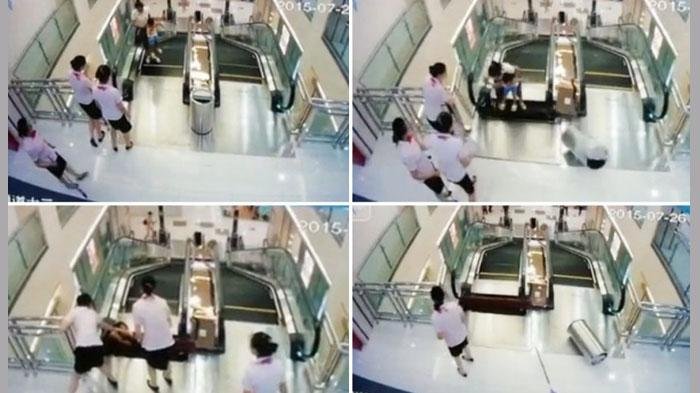 Detik-detik Ibu dan Anak Terjatuh dari Eskalator yang Rusak