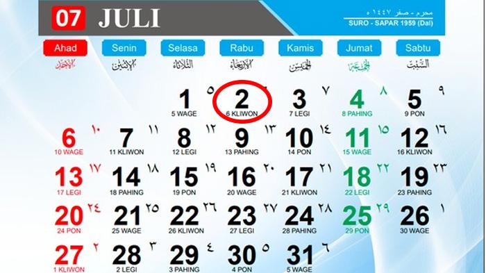 Cek Kalender 2025: Penanggalan Jawa Rabu Kliwon 2 Juli 2025, Lengkap Weton, Neptu, Wuku, Pasaran