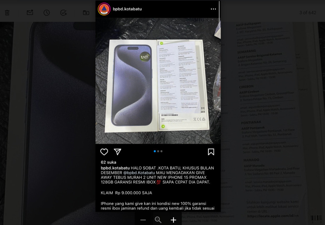 Instagram BPBD Kota Batu Diretas, Ada Give Away Iphone 15 Promax