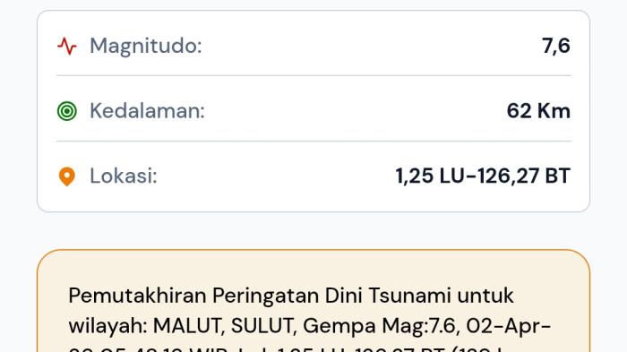 GEMPA - Gempa bumi berkekuatan magnitudo 7,6 mengguncang wilayah Maluku Utara, Kamis (2/4/2026) pagi. Gempa tersebut memicu kepanikan warga di sejumlah daerah, salah satunya Kota Ternate.